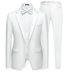 A white three-piece slim fit suit featuring a single-button blazer, vest, and matching trousers.