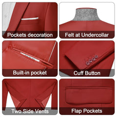 A red suit jacket featuring a notch lapel, flap pockets, side vents, and cuff buttons.