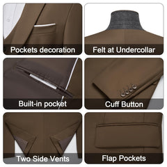A collage showing details of a brown suit jacket including pockets, collar, cuffs, and vents.