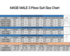 A size chart for a men's three-piece suit showing measurements for jackets, vests, and pants.