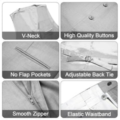 A collage showing the V-neck, buttons, pockets, back tie, zipper, and waistband of a grey suit.