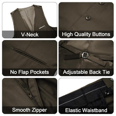 A collage showing the V-neck, buttons, pockets, back tie, zipper, and waistband of a brown vest.