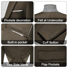 A collage showing details of a brown suit jacket including pockets, vents, and cuff buttons.