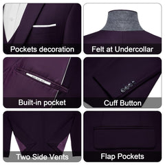 A collage showing details of a purple suit including pockets, collar, buttons, and side vents.