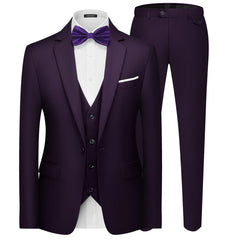 A purple three-piece slim fit suit featuring a one-button blazer, vest, and matching trousers.