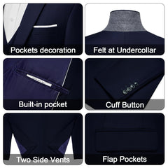 A collage showing details of a dark blue suit including pockets, felt undercollar, cuff buttons, and side vents.