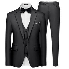 A black three-piece slim fit suit featuring a one-button blazer, vest, and matching trousers.