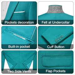 A teal blue suit jacket featuring a notch lapel, side vents, and functional pockets.