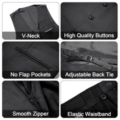 A collage showing details of a black suit vest and pants, including buttons, pockets, and zippers.