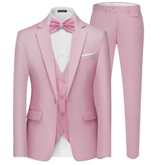A light pink three-piece slim fit suit featuring a single-button blazer, vest, and matching pants.