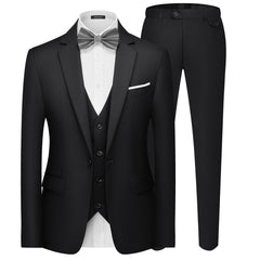 A black three-piece slim fit suit featuring a one-button blazer, vest, and matching trousers.