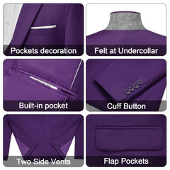 A purple suit jacket featuring a notch lapel, flap pockets, side vents, and four-button cuffs.