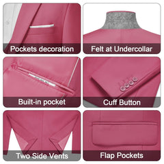 A collage showing details of a pink suit jacket including pockets, collar, buttons, and vents.