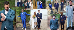 A collage showing men wearing slim-fit three-piece suits in various colors and settings.