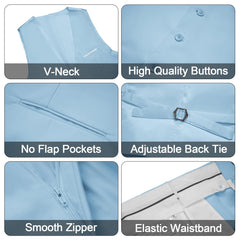 A light blue vest and pants set featuring a V-neck, button closure, and adjustable waistband.