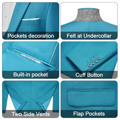 A collage showing details of a teal blue suit jacket including pockets, collar, and vents.