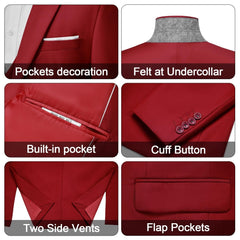 A collage showing details of a red suit jacket including pockets, collar, buttons, and vents.