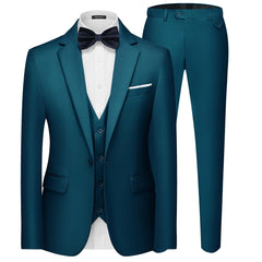 A teal blue three-piece slim fit suit featuring a single-button blazer, vest, and trousers.
