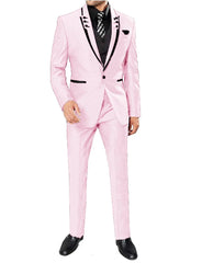 A light pink three-piece suit featuring a black shawl lapel, black vest, and black dress shoes.