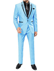 A light blue three-piece suit featuring a black shawl lapel, black vest, and black dress shoes.