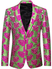 A men's slim-fit blazer featuring a vibrant pink and green floral rose pattern with a single button.