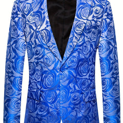A men's slim fit blazer featuring a vibrant blue and light blue floral rose pattern.