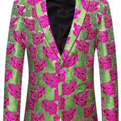 A men's slim fit blazer featuring a vibrant pink and green floral rose pattern with a single button.