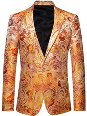 A men's slim-fit blazer featuring a vibrant orange and gold floral paisley pattern.