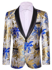 A men's slim-fit blazer featuring a metallic silver, blue, and gold floral pattern with black lapels.
