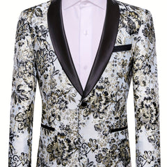 A men's slim-fit blazer featuring a black and gold floral pattern with a black shawl lapel.