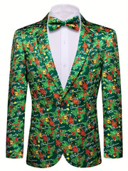 A green men's blazer featuring a festive Christmas pattern of holly, bells, and ribbons.