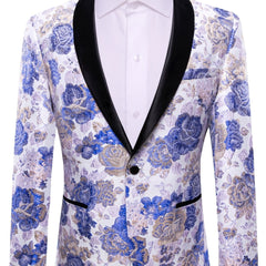 A men's slim fit blazer featuring a blue and gold floral pattern with a black shawl lapel.