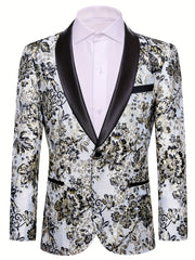A men's slim fit blazer featuring a white, black, and gold floral pattern with a black lapel.
