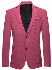 A slim-fit men's blazer in a textured pink fabric with a lapel collar and two-button closure.