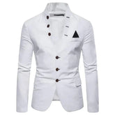 A white slim-fit men's blazer featuring a stand-up collar and decorative buttons.