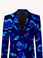 Men'S Casual Blue Floral Print Suit - Polyester, Long Sleeve, Lapel Collar, Pocket, Skinny Fit, All - Season Wear, Casual Attire|Floral Pattern Blazer|Polyester Blend - SHOWLU FASHION STORE
