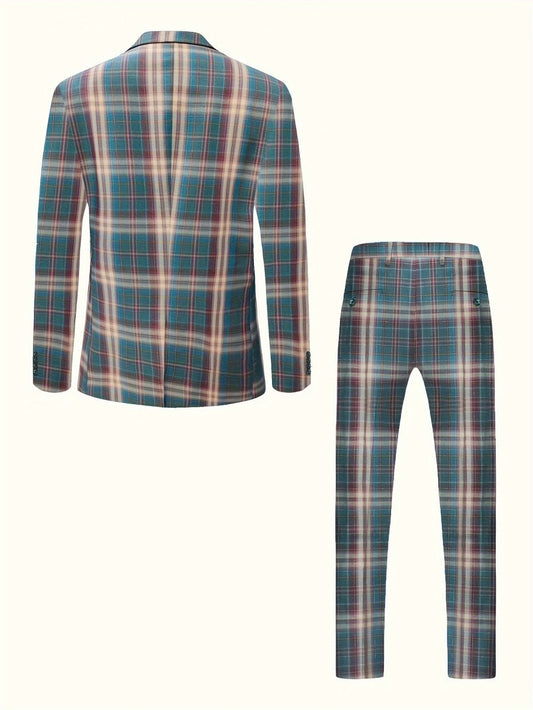 Men'S Casual Business 2pcs Suit Set, Plaid Polyester 100% Non - Stretch Fabric, Regular Fit with Pocket Details, Spring/Fall Party Wear, Woven Peak Lapel Collar, 95 g/m² Lining, 220 g/m² Weight - SHOWLU FASHION STORE