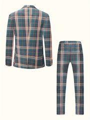 A men's two-piece suit set in a blue and burgundy plaid pattern with a peak lapel blazer.