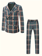 A men's double-breasted plaid suit set featuring a peak lapel jacket and matching trousers.