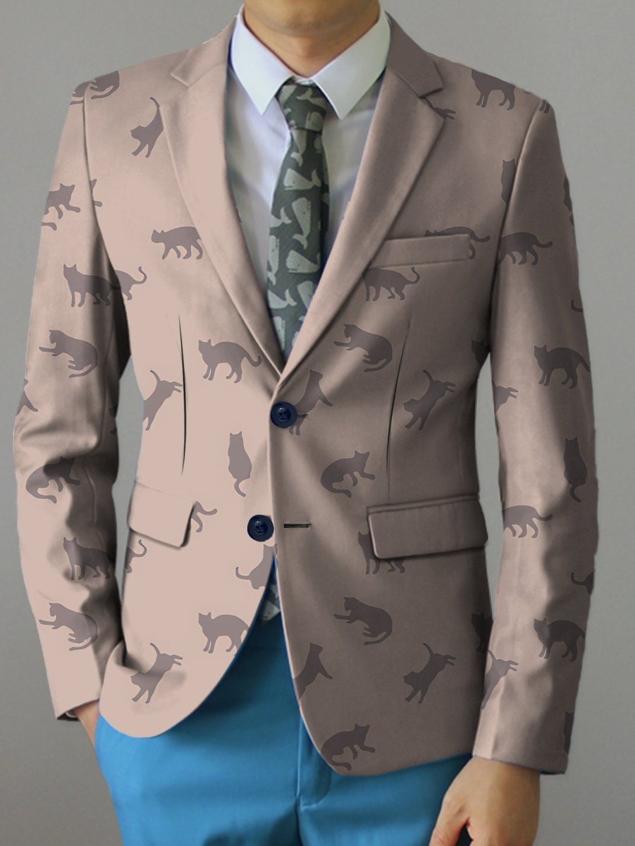 Men's Casual Cat Print Blazer - Light Beige Polyester Jacket with Stylish Black Cat Silhouette Design, Button - Up Front, Perfect for All Seasons - SHOWLU FASHION STORE