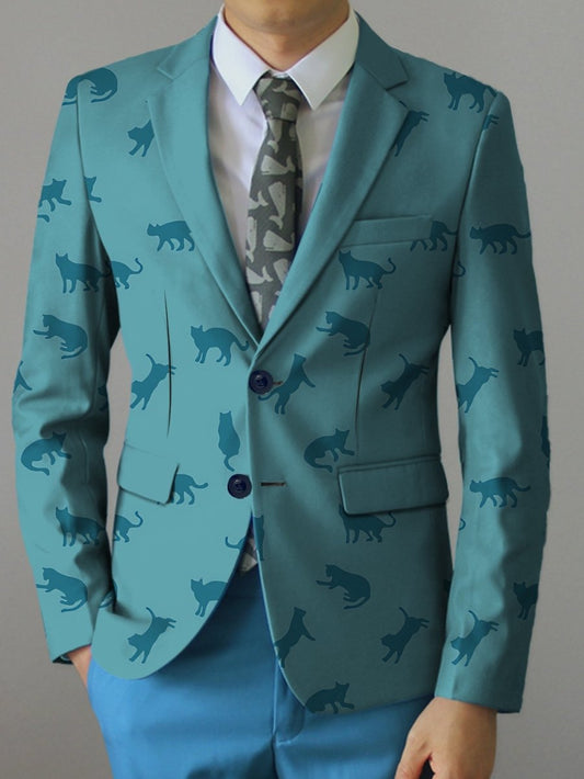Men's Casual Cat Print Blazer - Light Beige Polyester Jacket with Stylish Black Cat Silhouette Design, Button - Up Front, Perfect for All Seasons - SHOWLU FASHION STORE