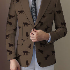 Men's Casual Cat Print Blazer - Light Beige Polyester Jacket with Stylish Black Cat Silhouette Design, Button - Up Front, Perfect for All Seasons - SHOWLU FASHION STORE