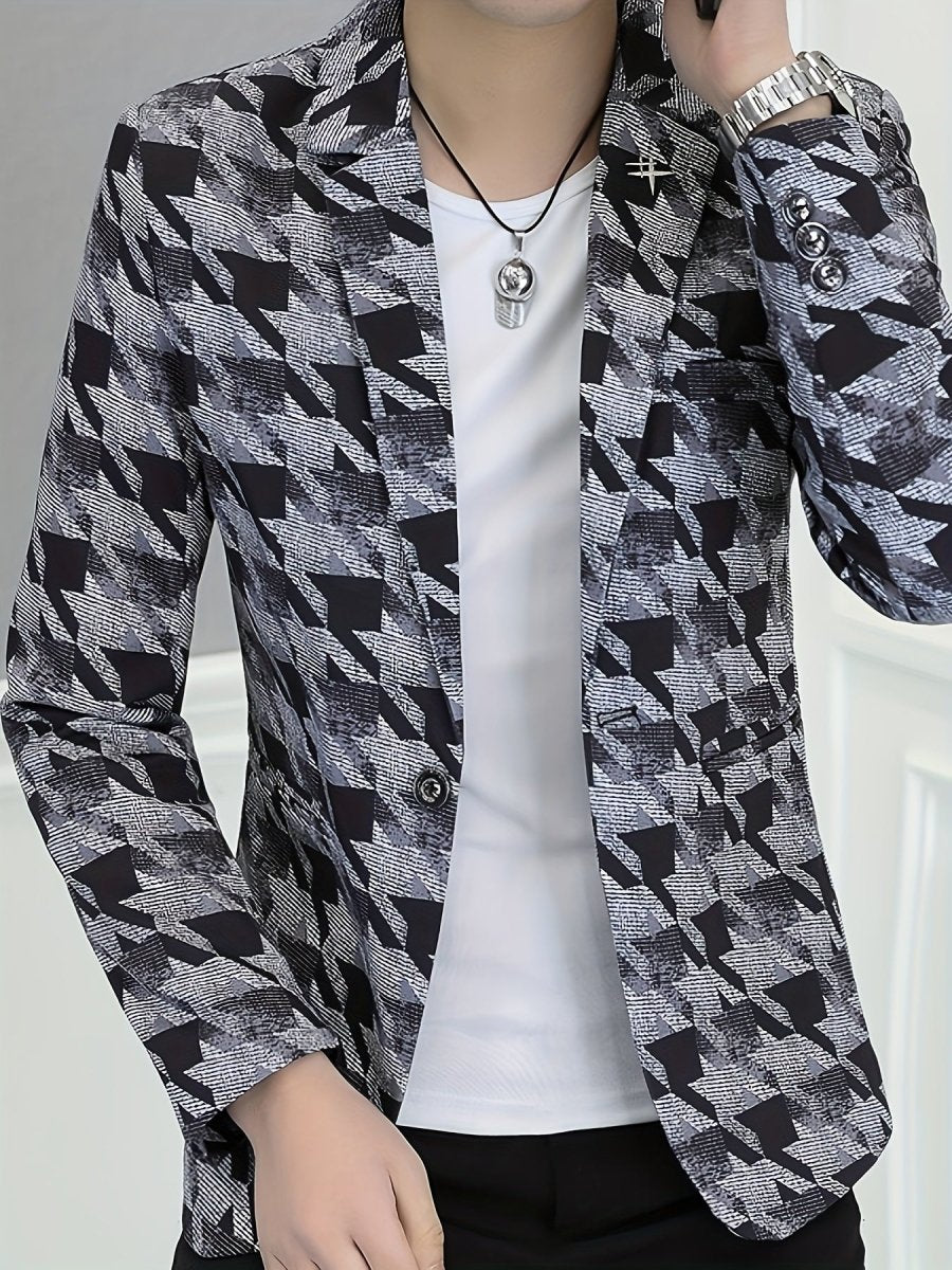 Men'S Casual Houndstooth Blazer, Polyester 100% Skinny Fit Long Sleeve Jacket with Lapel Collar, Single Button Placket, Non - Stretch Fabric, Regular Length - Spring/Fall Weekend Wear - SHOWLU FASHION STORE