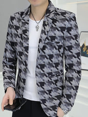 Men'S Casual Houndstooth Blazer, Polyester 100% Skinny Fit Long Sleeve Jacket with Lapel Collar, Single Button Placket, Non - Stretch Fabric, Regular Length - Spring/Fall Weekend Wear - SHOWLU FASHION STORE
