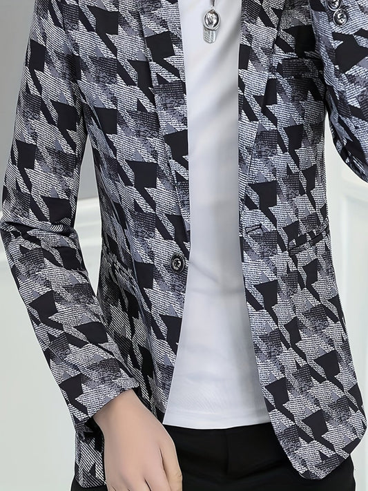 Men'S Casual Houndstooth Blazer, Polyester 100% Skinny Fit Long Sleeve Jacket with Lapel Collar, Single Button Placket, Non - Stretch Fabric, Regular Length - Spring/Fall Weekend Wear - SHOWLU FASHION STORE