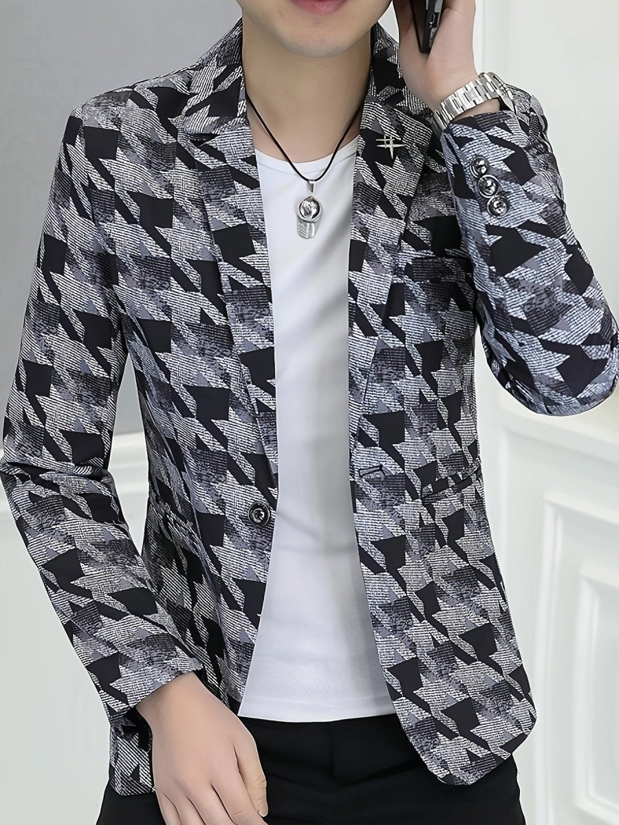 Men'S Casual Houndstooth Blazer, Polyester 100% Skinny Fit Long Sleeve Jacket with Lapel Collar, Single Button Placket, Non - Stretch Fabric, Regular Length - Spring/Fall Weekend Wear - SHOWLU FASHION STORE