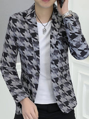 Men'S Casual Houndstooth Blazer, Polyester 100% Skinny Fit Long Sleeve Jacket with Lapel Collar, Single Button Placket, Non - Stretch Fabric, Regular Length - Spring/Fall Weekend Wear - SHOWLU FASHION STORE