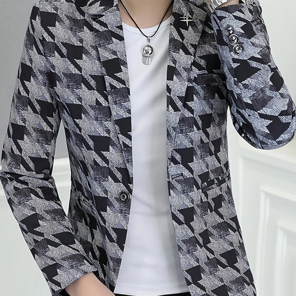 Men'S Casual Houndstooth Blazer, Polyester 100% Skinny Fit Long Sleeve Jacket with Lapel Collar, Single Button Placket, Non - Stretch Fabric, Regular Length - Spring/Fall Weekend Wear - SHOWLU FASHION STORE