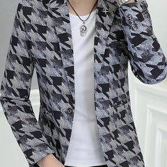 Men'S Casual Houndstooth Blazer, Polyester 100% Skinny Fit Long Sleeve Jacket with Lapel Collar, Single Button Placket, Non - Stretch Fabric, Regular Length - Spring/Fall Weekend Wear - SHOWLU FASHION STORE