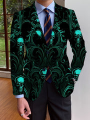 A man wears a black blazer featuring an all-over teal skull and ornate scrollwork print.